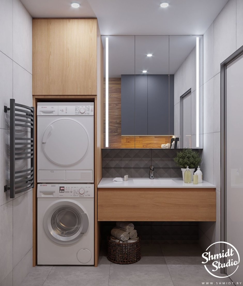 Ванные комнаты с душевой кабиной стиральной и сушильной машины