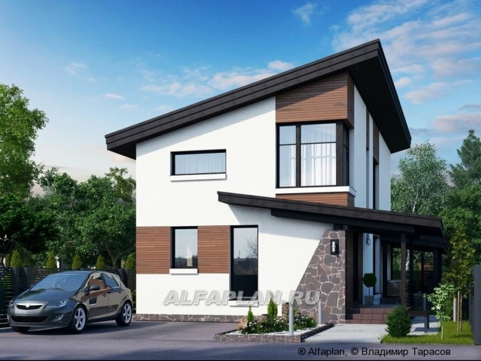 Двухэтажный дом с односкатной крышей и гаражом