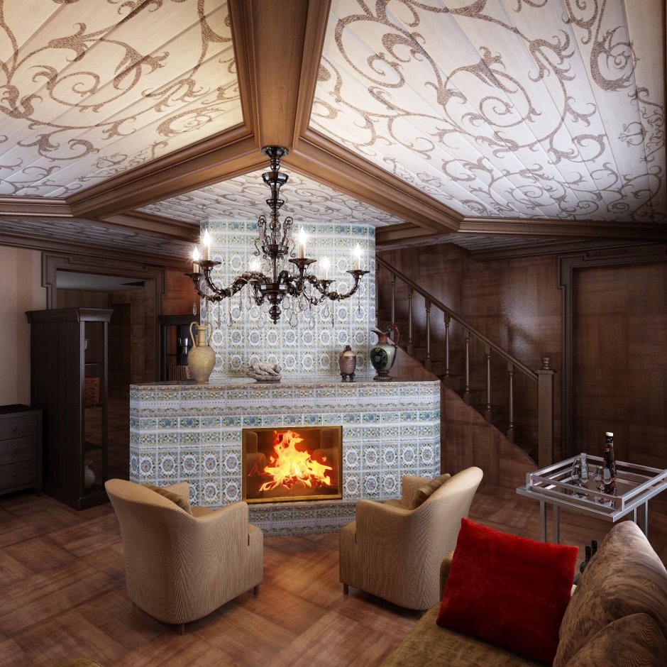 Гостиные с камином в загородном доме