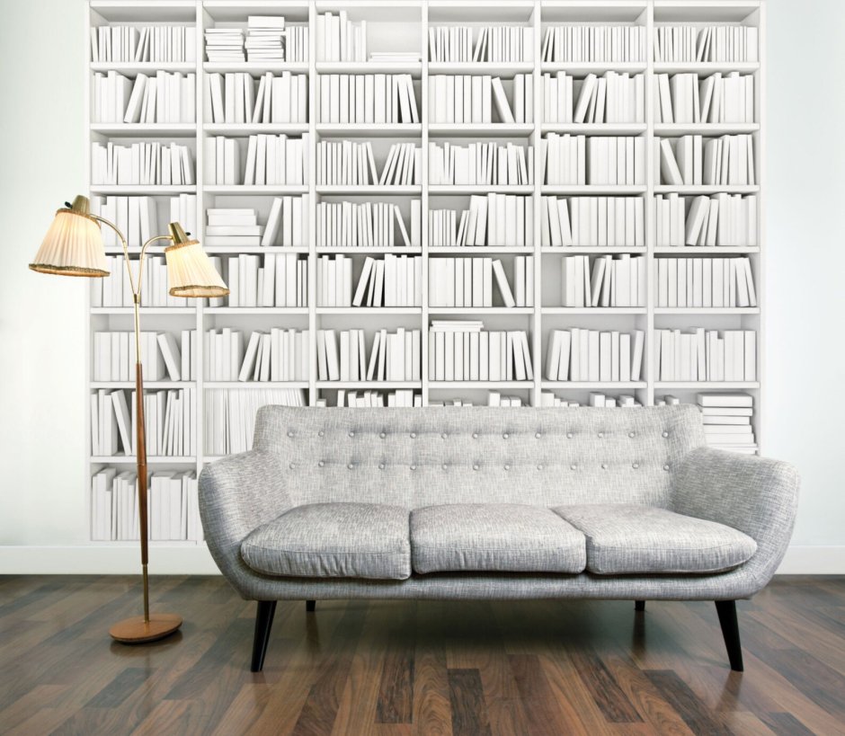 Обои книжные полки в интерьере