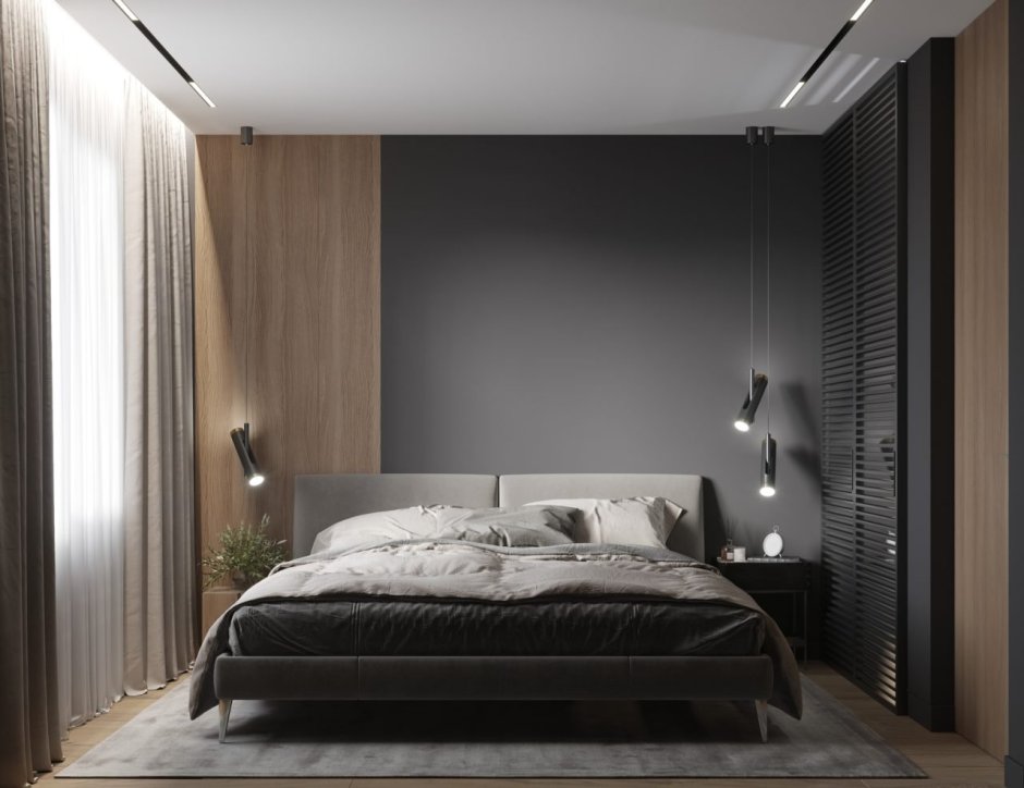 Спальня в графитовых тонах в квартире