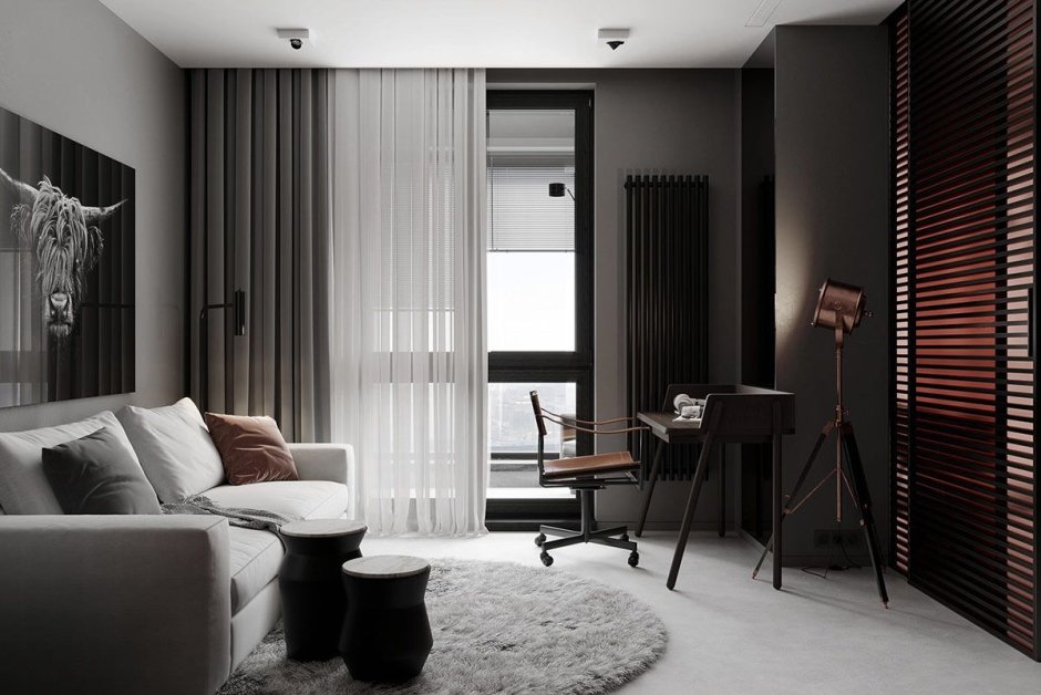 Серые рейки в интерьере гостиной