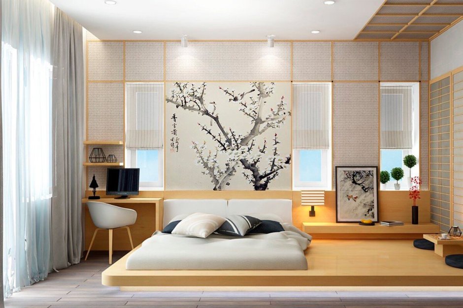 Интерьер спальни в японском стиле нежные