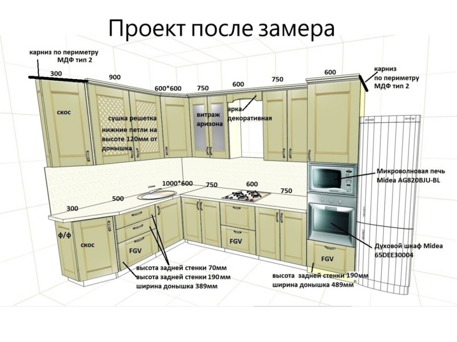 Схема расположения техники на угловой кухне