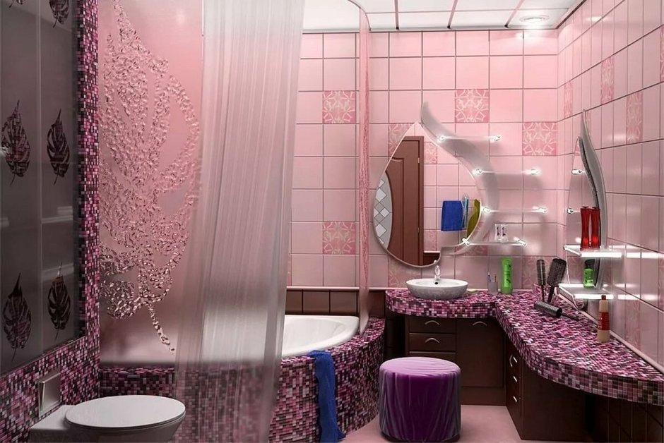 Интерьер ванной в розовых тонах