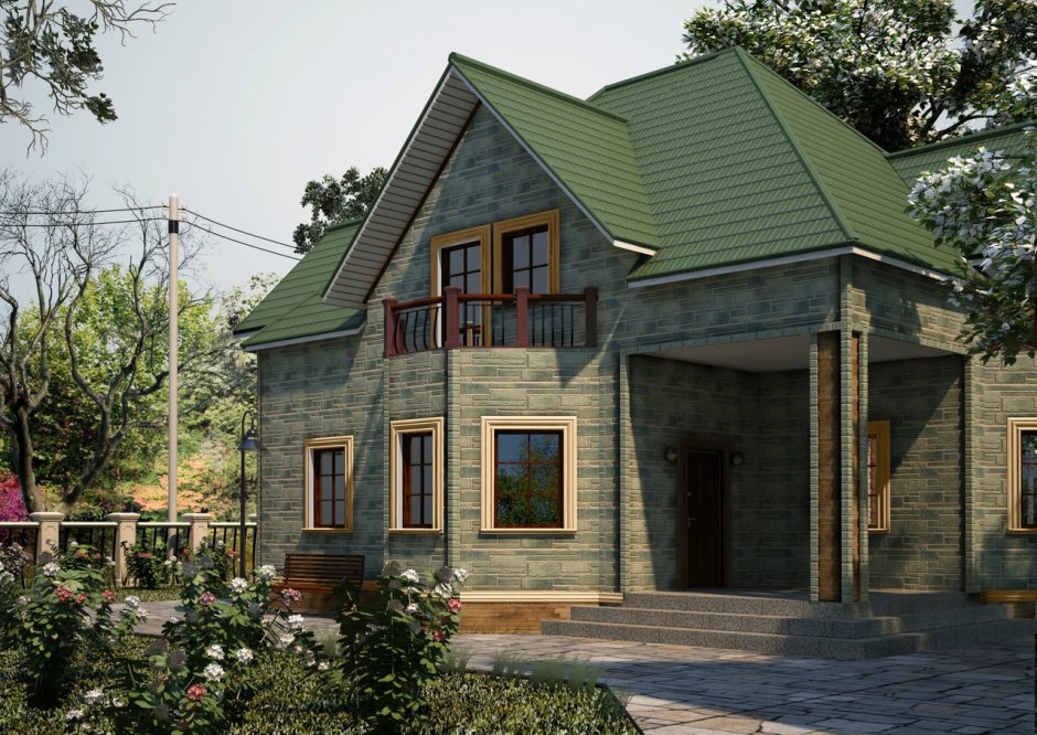 Фасад с зеленой крышей