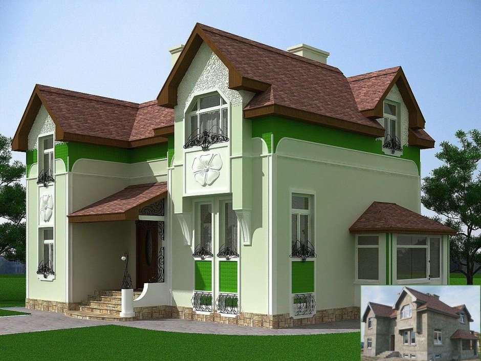 Серый дом с зеленой крышей