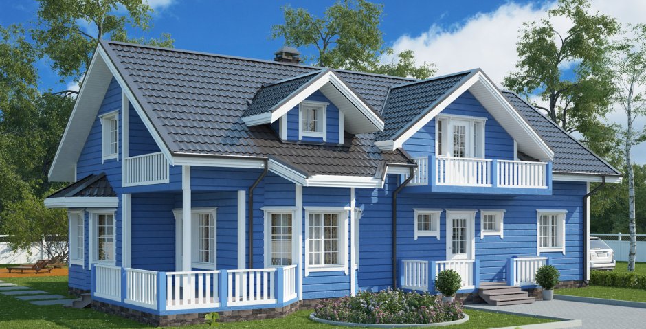 Каркасный дом голубой с белым
