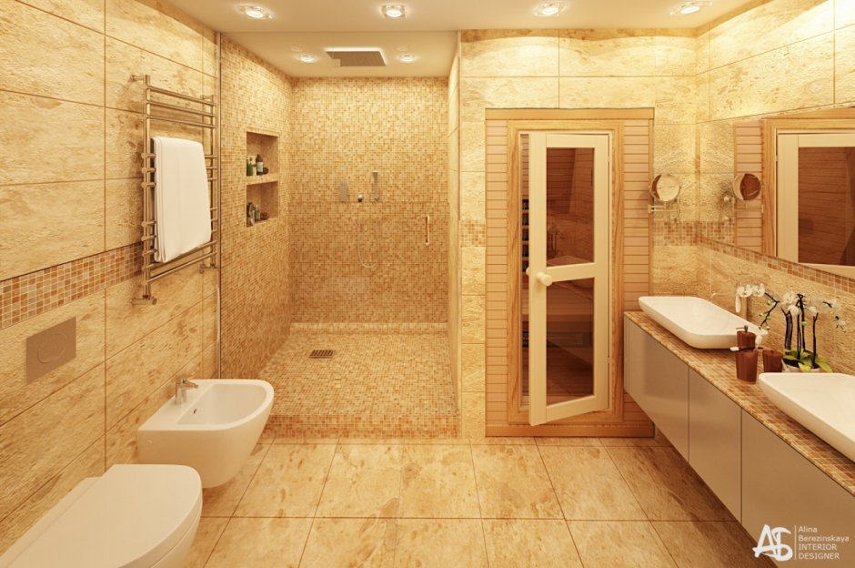 Ванная комната с сауной и душем в загородном доме