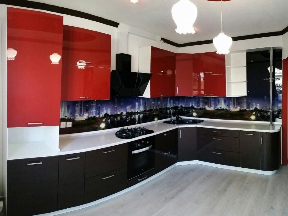 Кухонный гарнитур угловой красный с черным