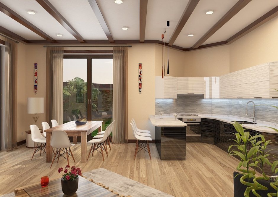 Кухня с гостиной в загородном доме