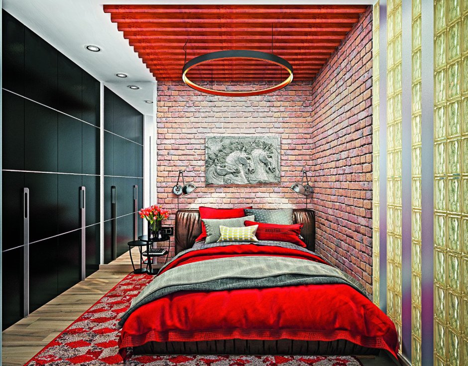 Красный кирпич в интерьере спальни
