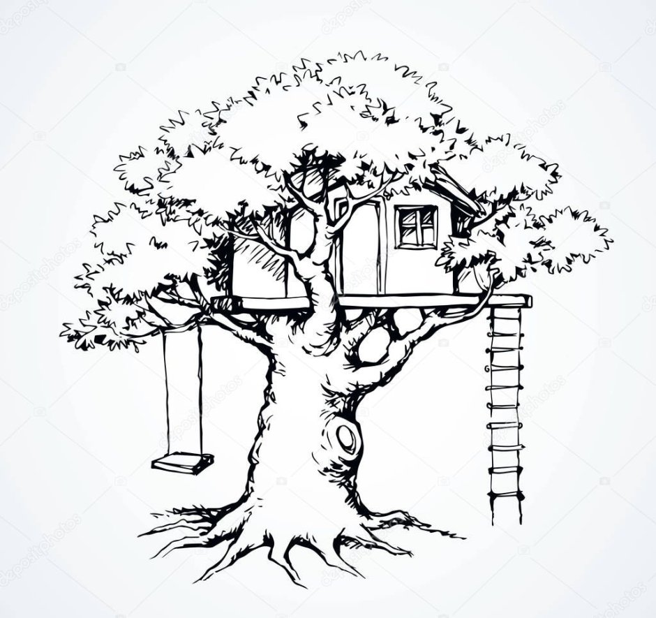 Домик на дереве изнутри нарисованный
