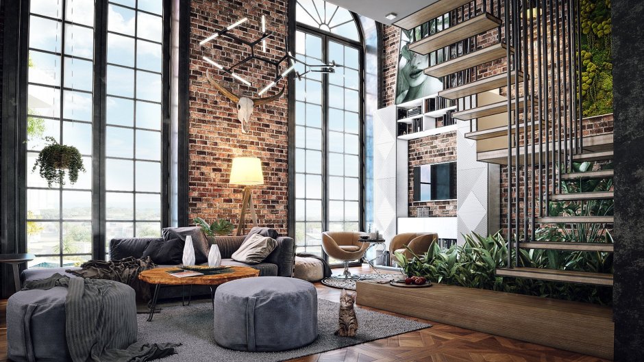 Зелень в интерьере лофт