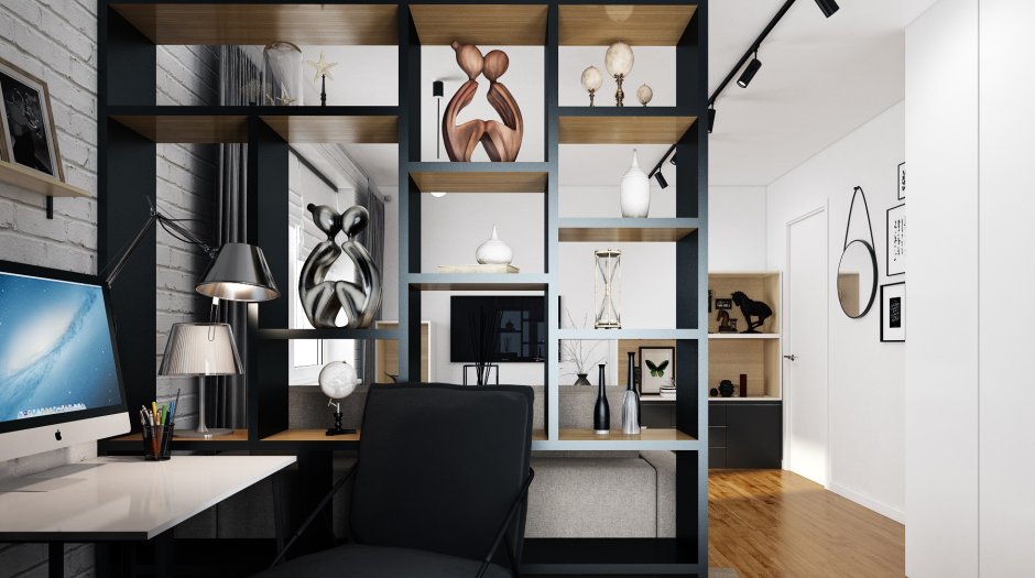 Зонирование рабочего места стеллажом