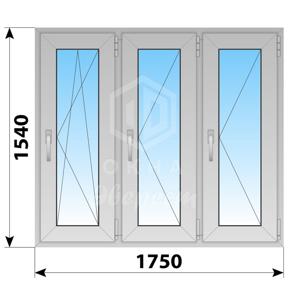 Окно ПВХ трехстворчатое однокамерное высота 1500 ширина 1750