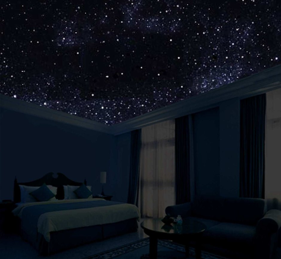 Натяжной потолок для спальни звездное небо с сердечкой