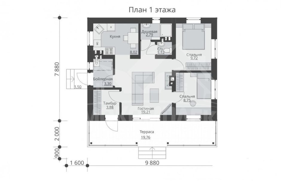 Одноэтажный дом 100м2 с 2 спальнями и вторым светом
