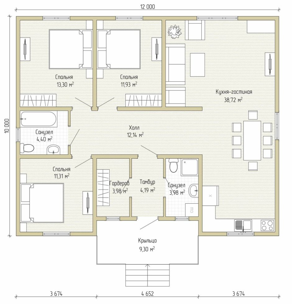 План дома 10 на 11 одноэтажный с 3 спальнями схема