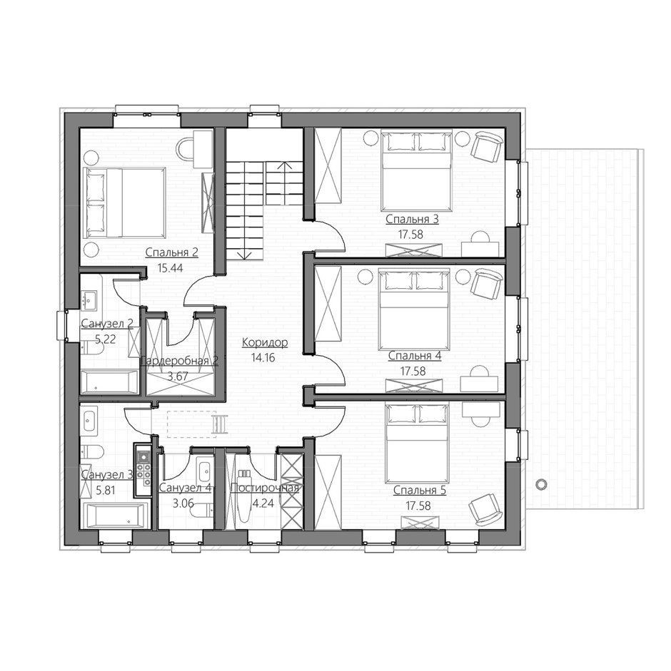 План одноэтажного дома с 4 спальнями и гардеробной