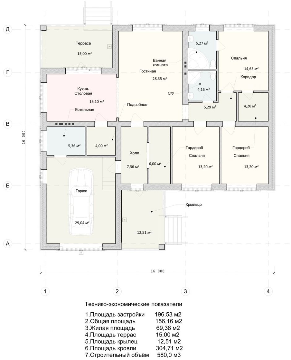 План одноэтажного дома с 3 спальнями и кухней гостиной