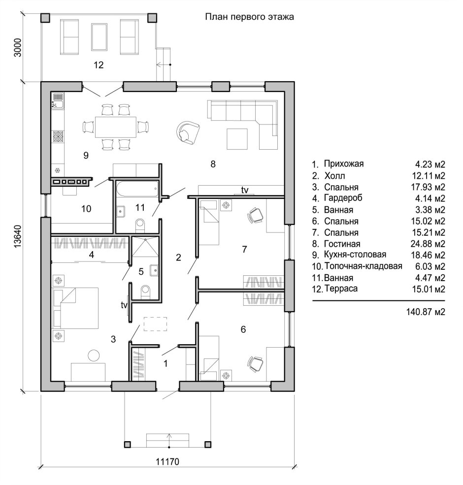 План одноэтажного дома с 2 спальнями и котельной кухня гостиная