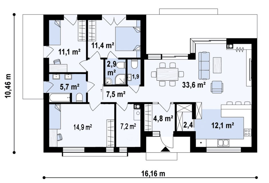 Проекты 1 этажных домов с 3 спальнями