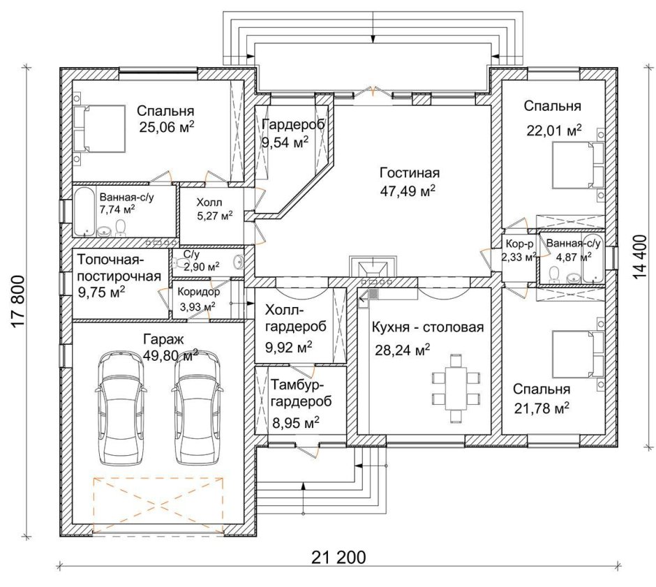 План схема одноэтажного дома с гаражом
