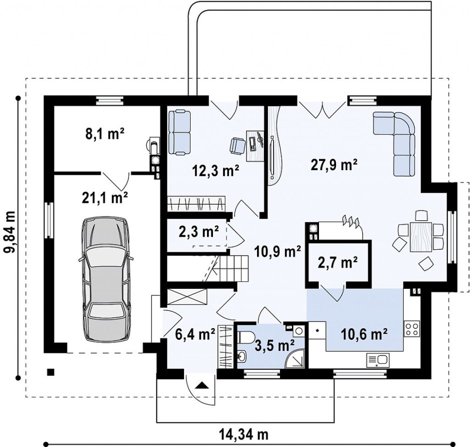 Дом одноэтажный с гаражом 10*10 план