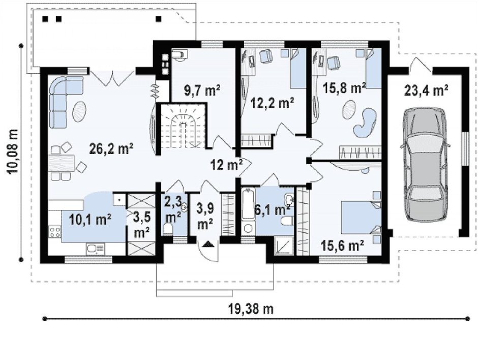Проекты одноэтажных домов три комнаты с гаражом