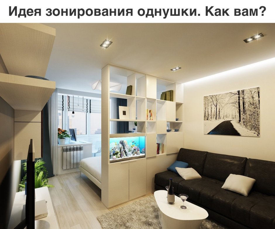 Деление комнаты на две зоны спальня и гостиная