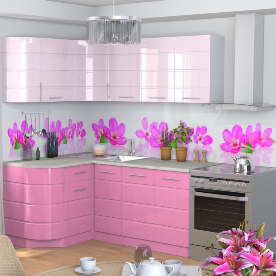 Кухни красивые угловые розовые