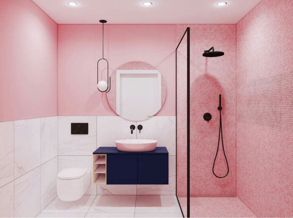 Розовый мрамор в ванной