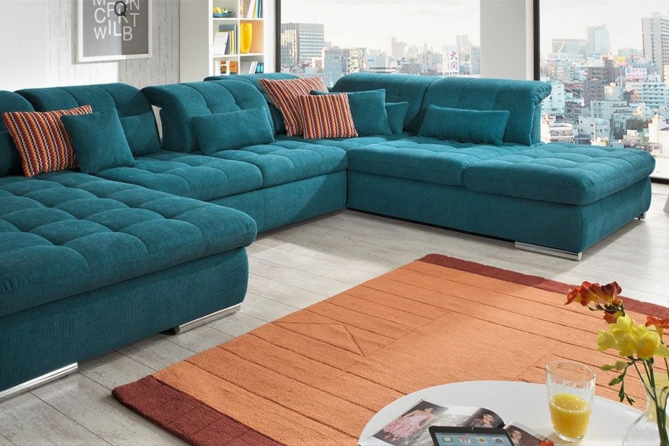 Угловой большой диван бирюзового цвета