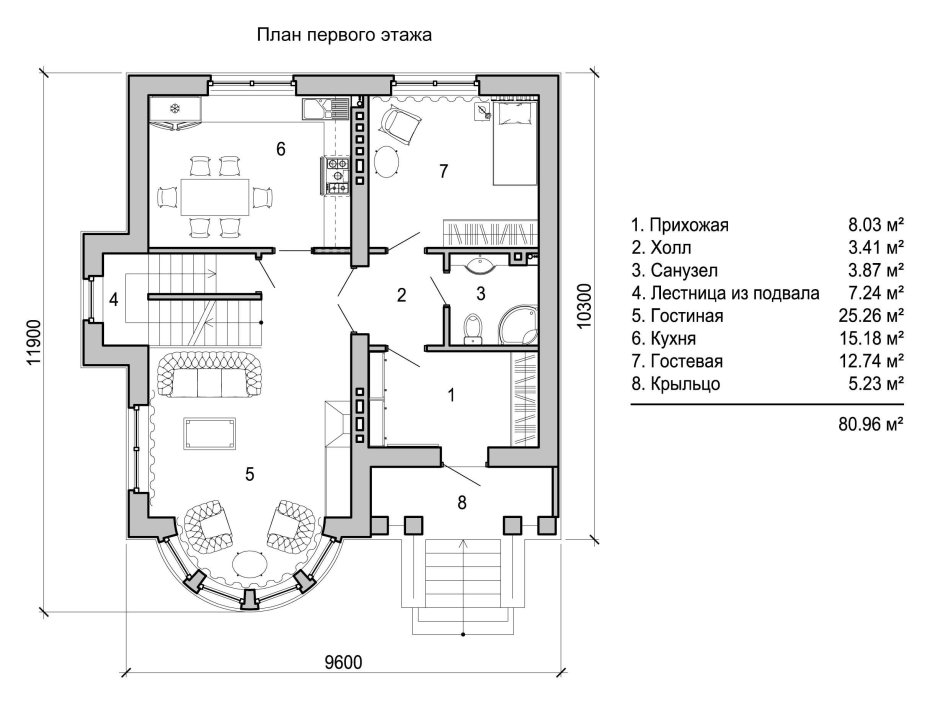 План двухэтажного дома с эркером и размерами