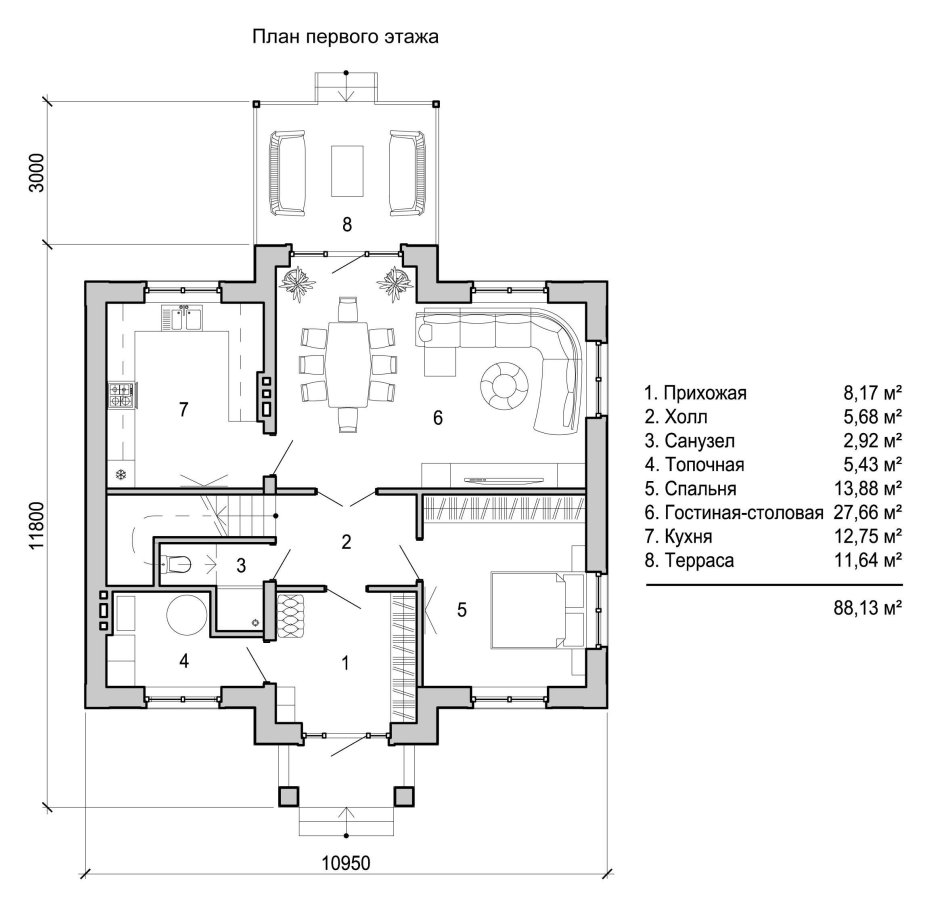 План двухэтажного дома с эркером и размерами