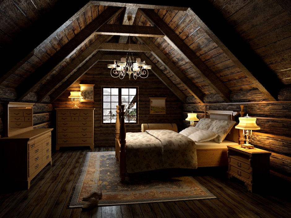 Спальня под крышей в деревянном доме