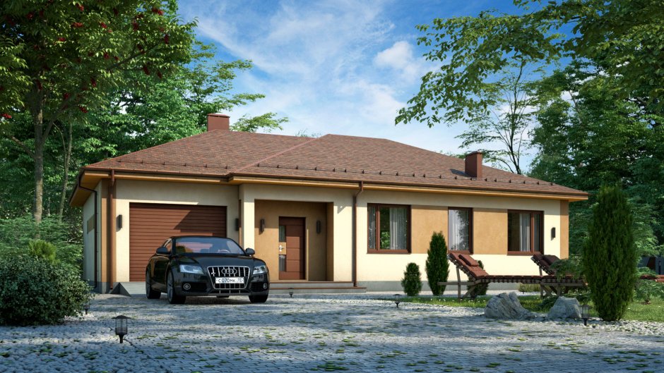 Одноэтажный дом с вальмовой крышей и гаражом