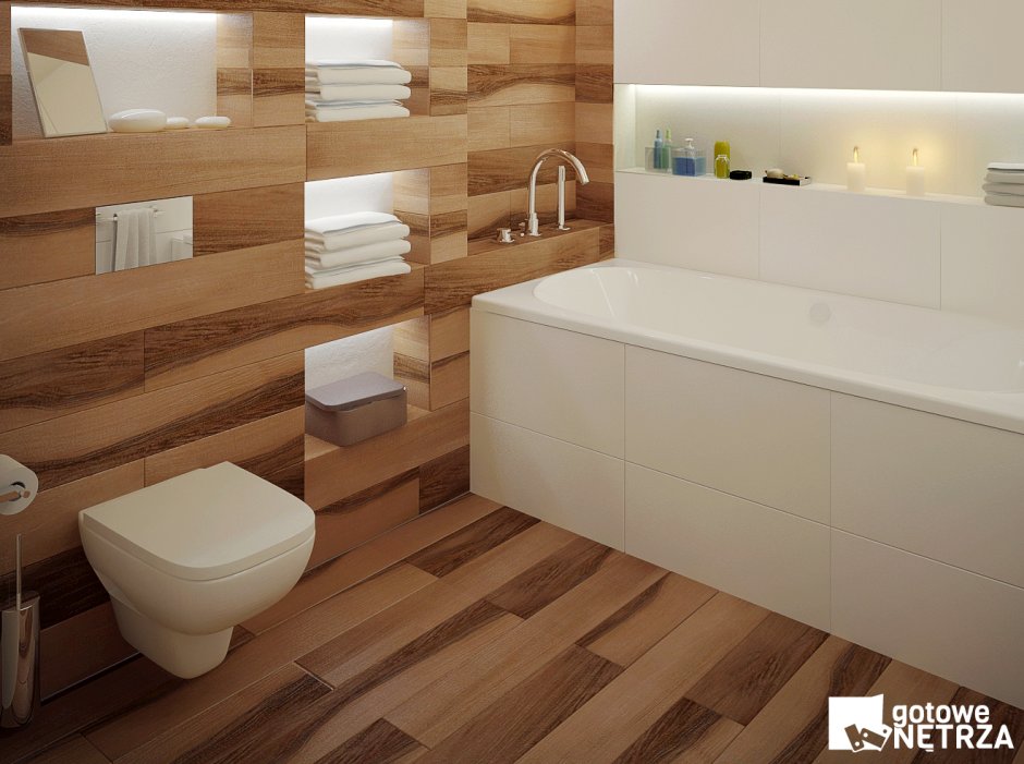 Белая и деревянная плитка в ванной