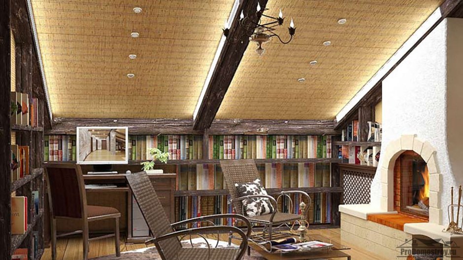 Крашенный деревянный потолок в библиотеке
