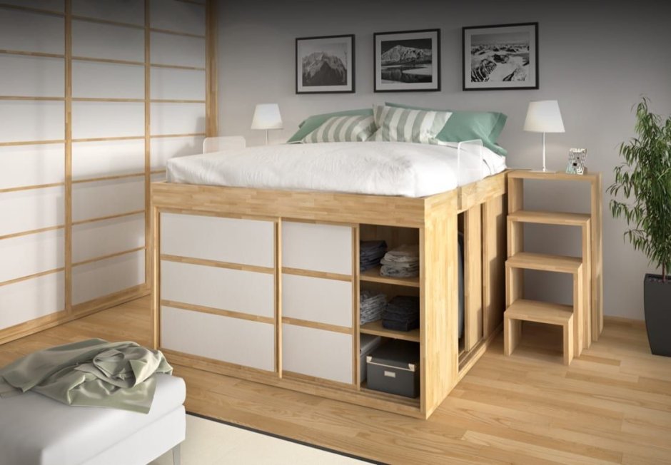 Высокая двуспальная кровать с ящиками для хранения