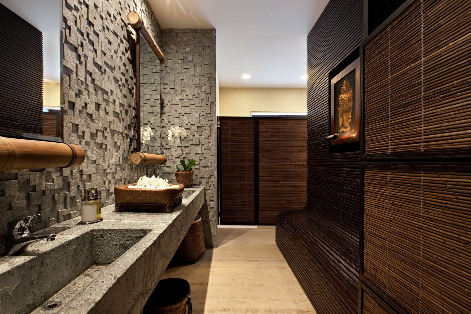 Ванная комната дерево и камень экостиль