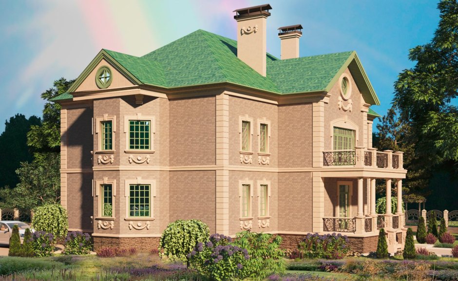 Дом классический стиль с зеленой крышей