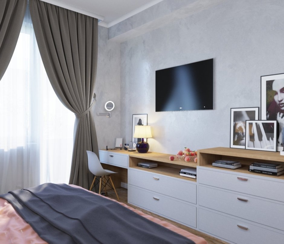 Декор интерьера спальни с телевизором