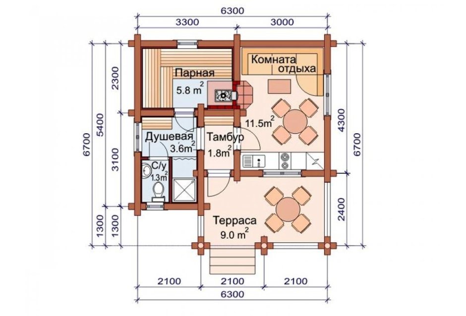 План бани с комнатой отдыха 3х5