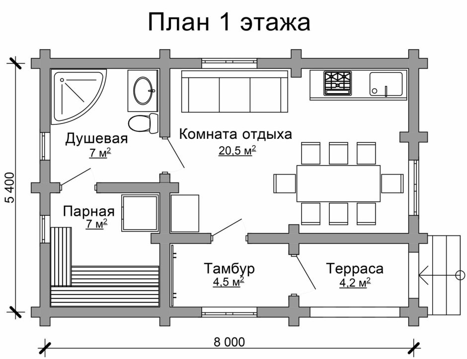 Проекты бань из оцилиндрованного бревна с террасой и комнатой отдыха