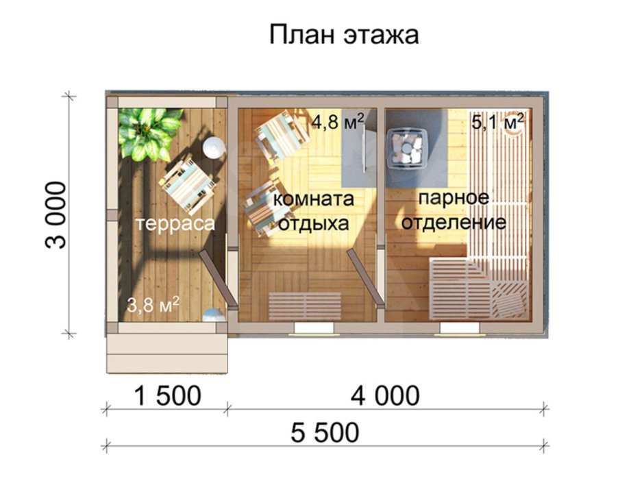 Проект бани с санузлом и комнатой отдыха