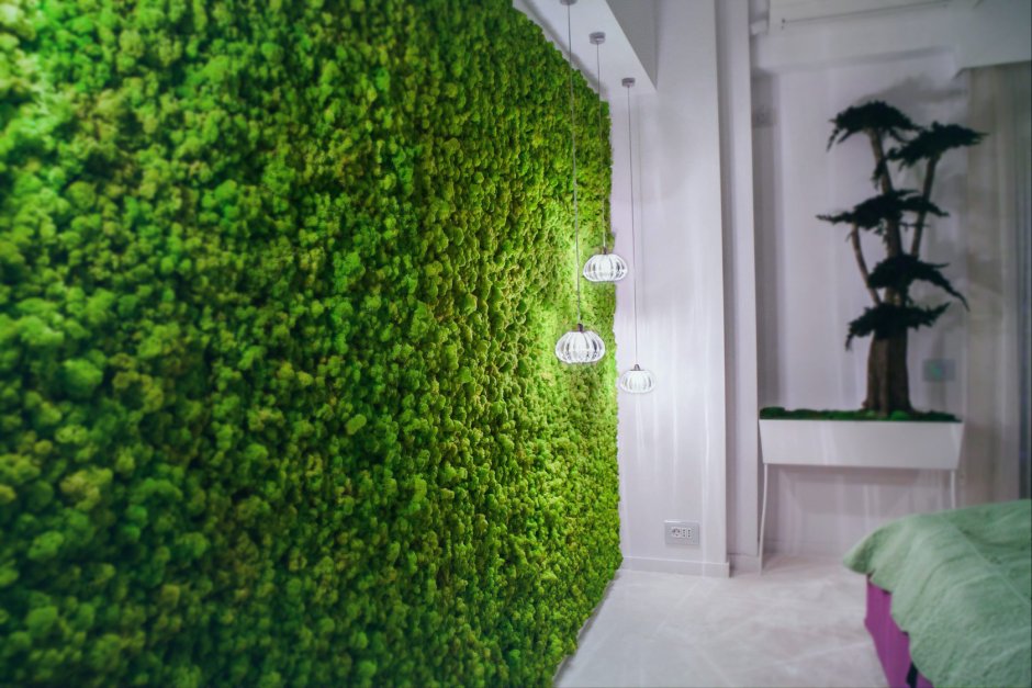 Мох в интерьере на лестнице