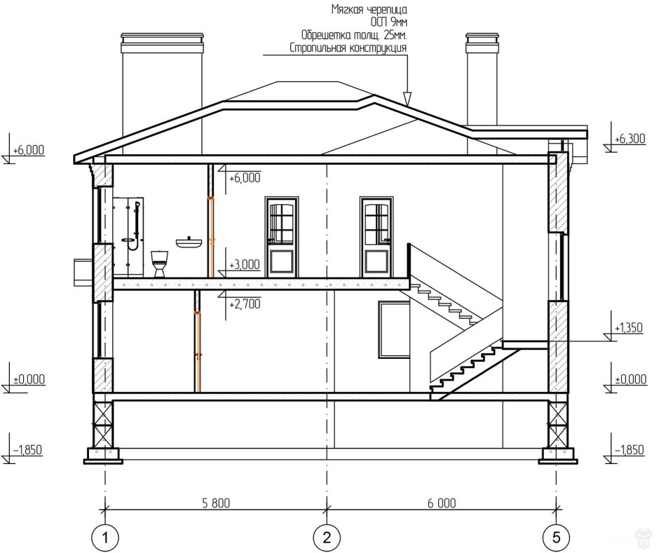 Разрез малоэтажного жилого дома чертеж