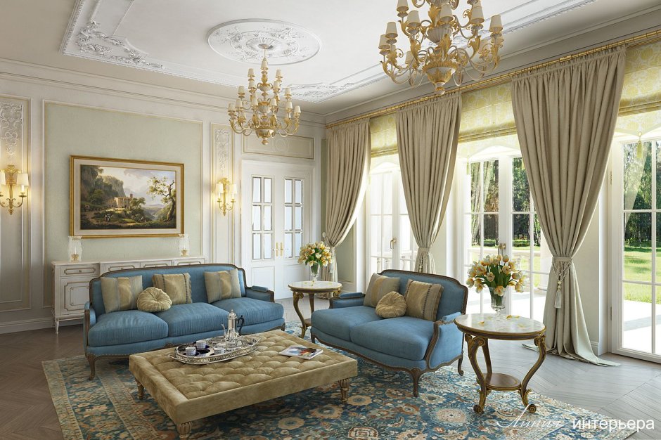Серо-жёлтый интерьер гостиной в классическом стиле